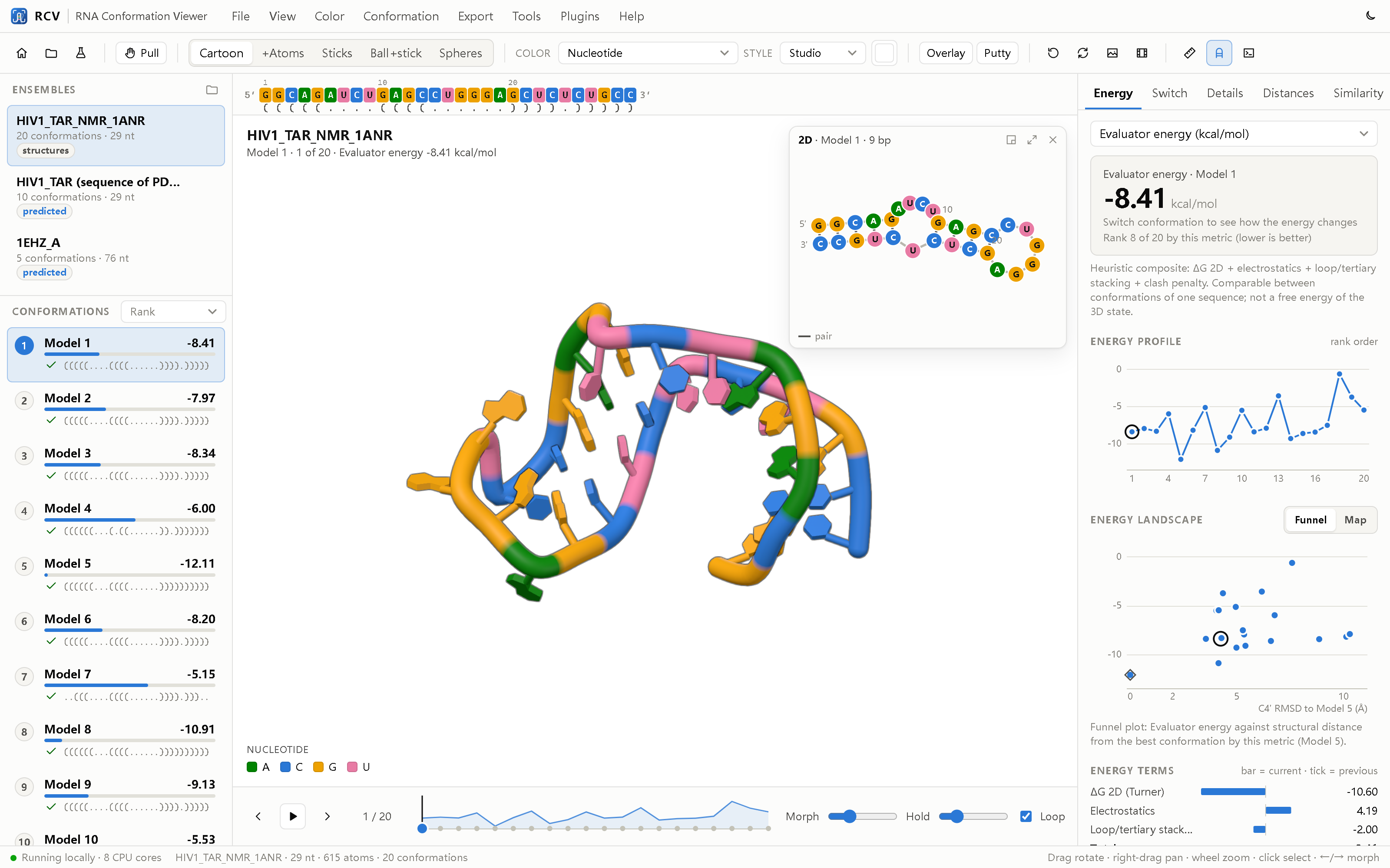 RCV main window showing an RNA ensemble with the sequence bar, the 2D window and the Switch tab